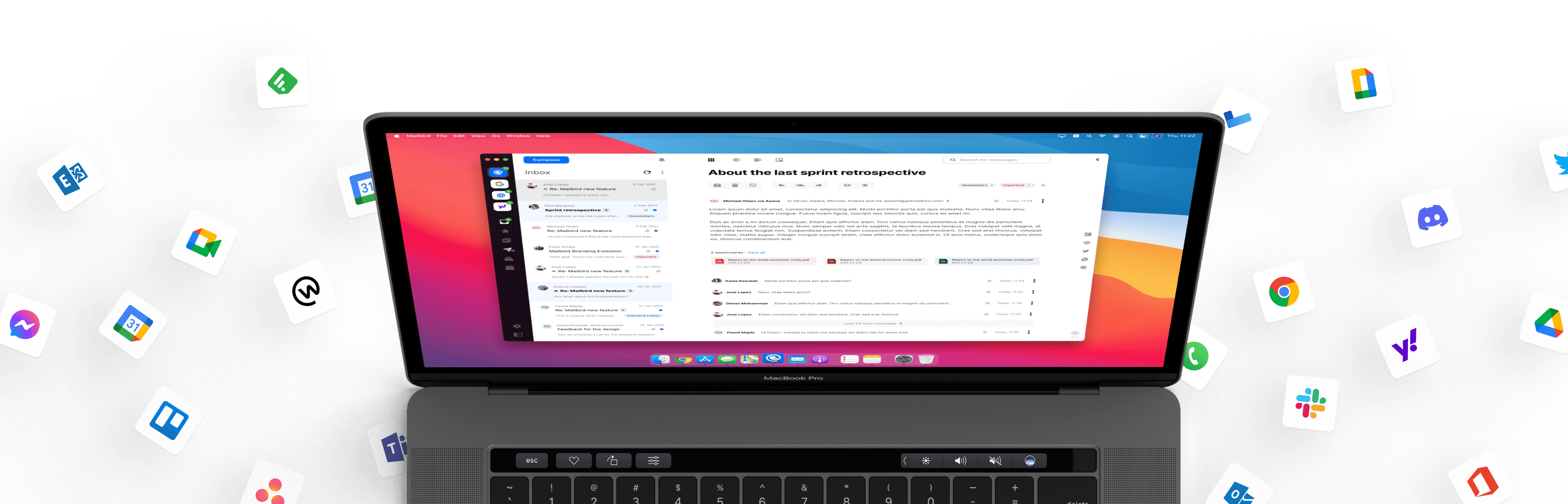 A picture of an opened Macbook pro with logos of third party applications that Mailbird connects with (Feedly, Google Suite, Gmail, Google Calendar, Facebook, Messenger, Twitter, ChatGPT, Slack and many more)