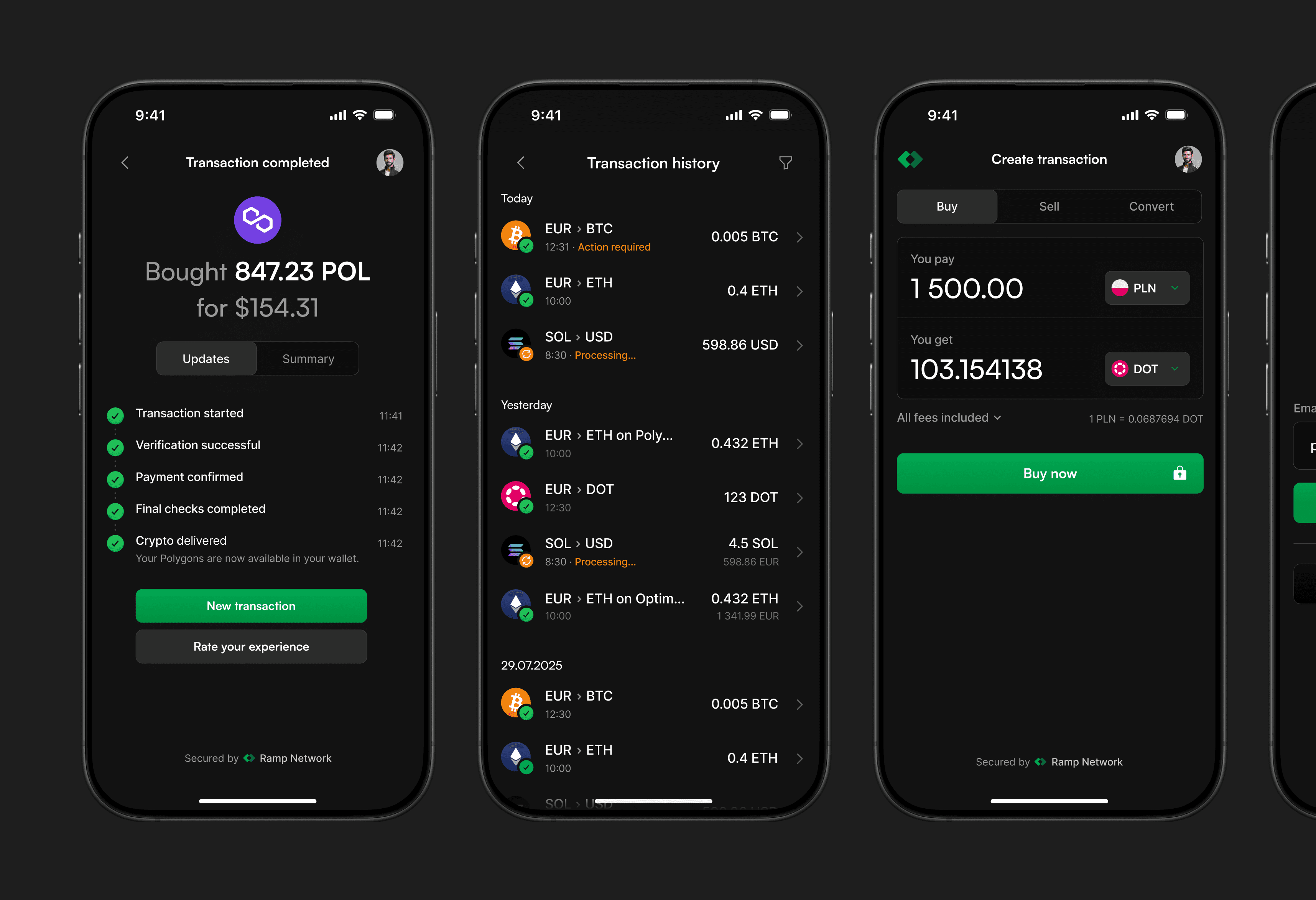 A few screens from Ramp checkout in dark mode