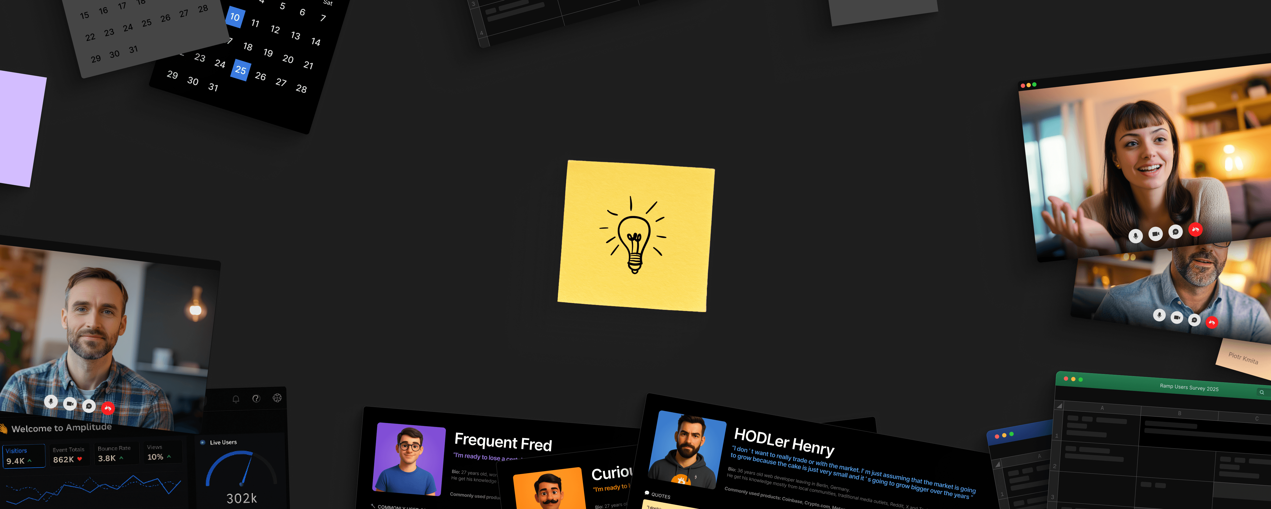 User research artifacts presented on a canvas with a post it with a lightbulb in the middle