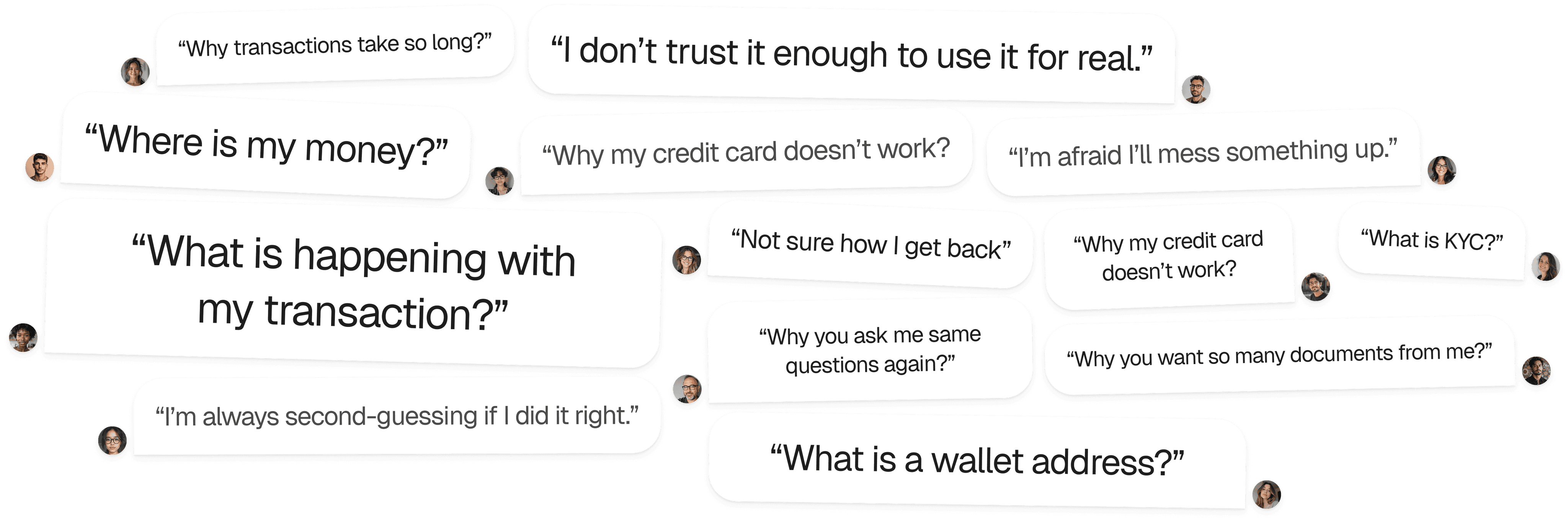 A cloud of quotes from user research which show negative sentiment to the previous version of the application