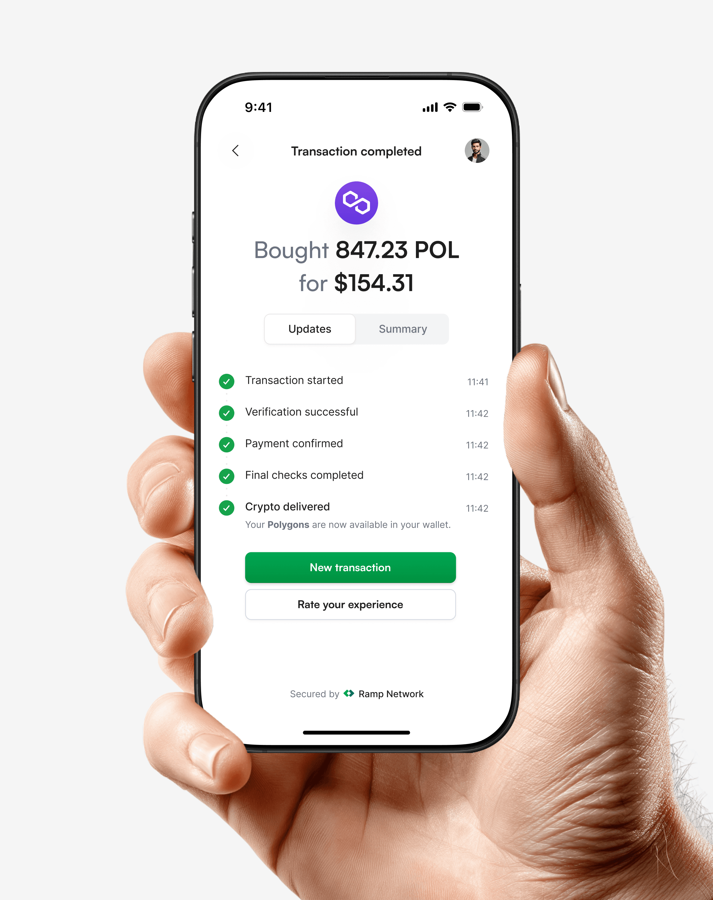 Transaction status page shown on an iPhone mockup