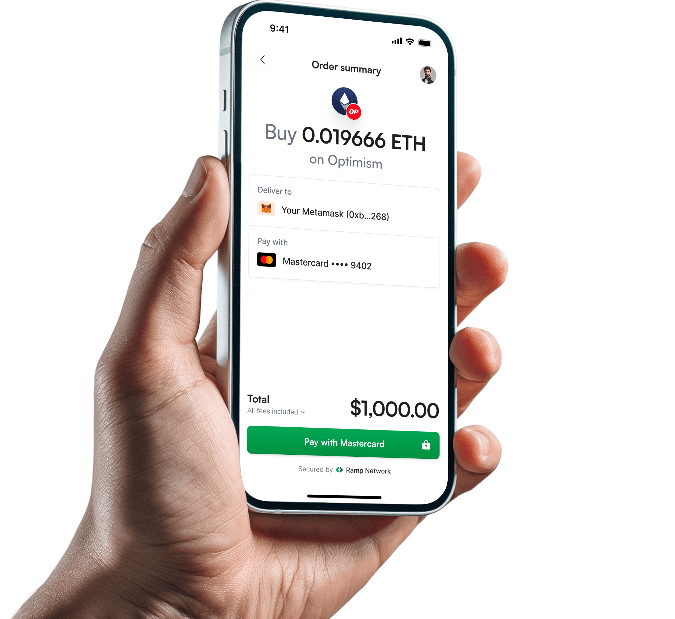 Ramp's crypto checkout presented on an iPhone mockup