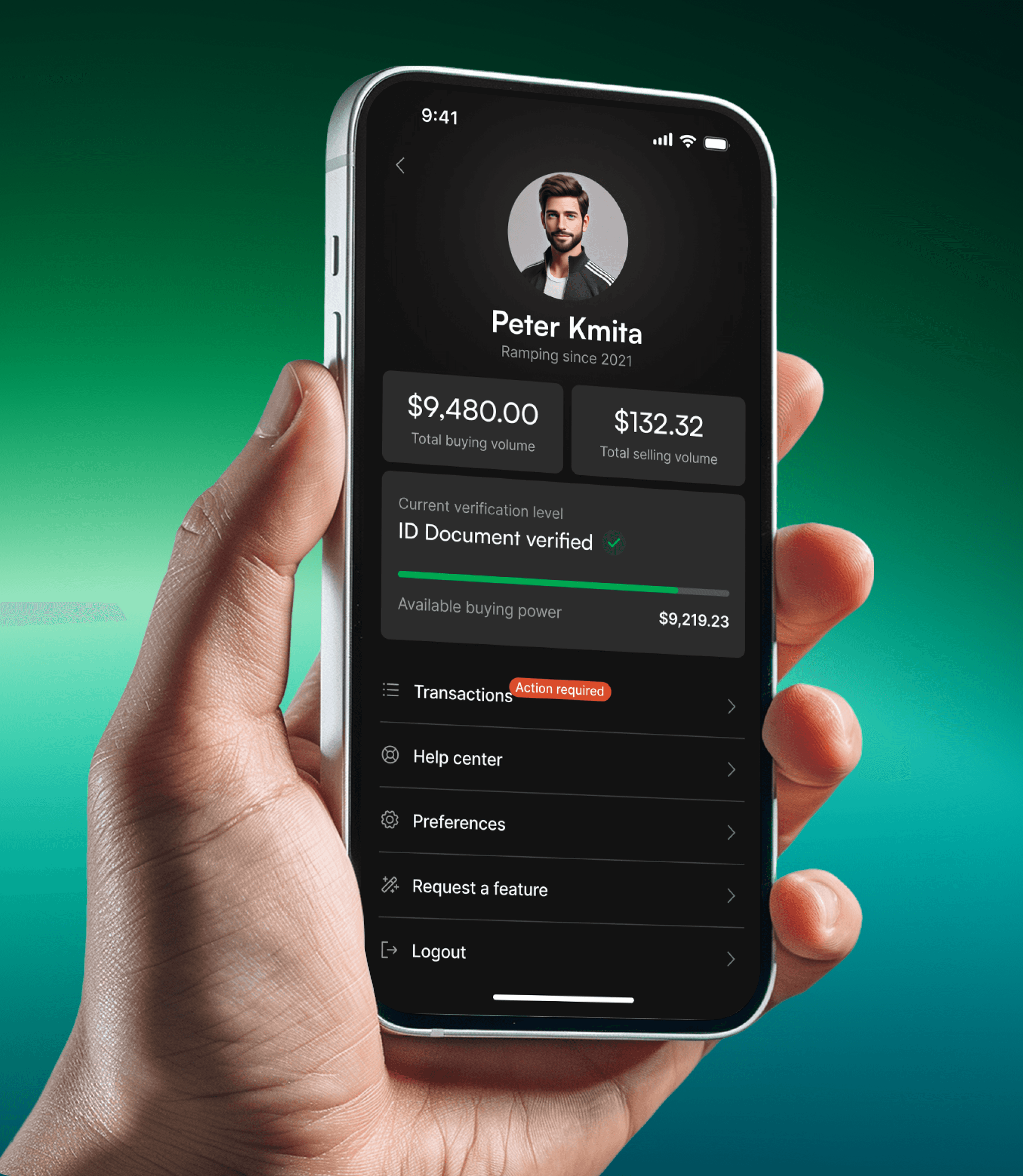 Profile page in dark mode presented on a mobile phone mockup