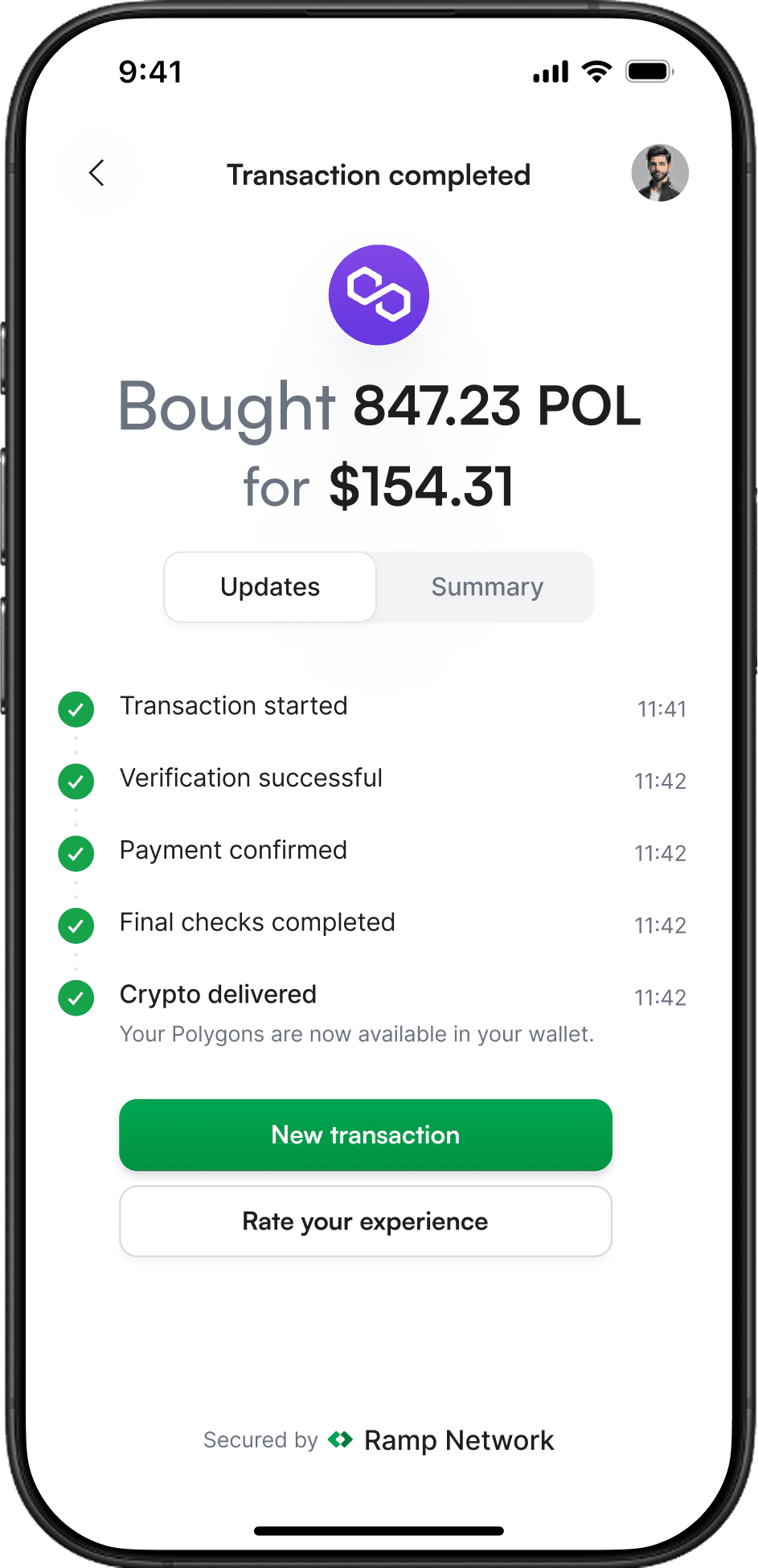 Transaction status page on the last moment of the crypto transaction
